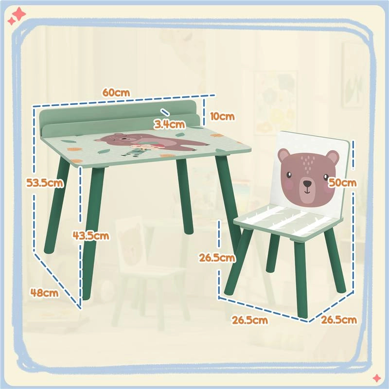 SET SEDIA E TAVOLINO PER BAMBINI CON RIPIANO PORTAOGGETTI IN MDF E LEGNO DI PINO VERDE
