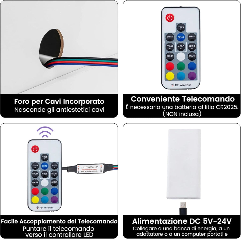 Comodino con Luci LED 50x40x58cm, Tavolino Camera da Letto Moderno con 2 Cassetti, Mobile Cameratta con Telecomando per Soggiorno e Ufficio (Bianco)
