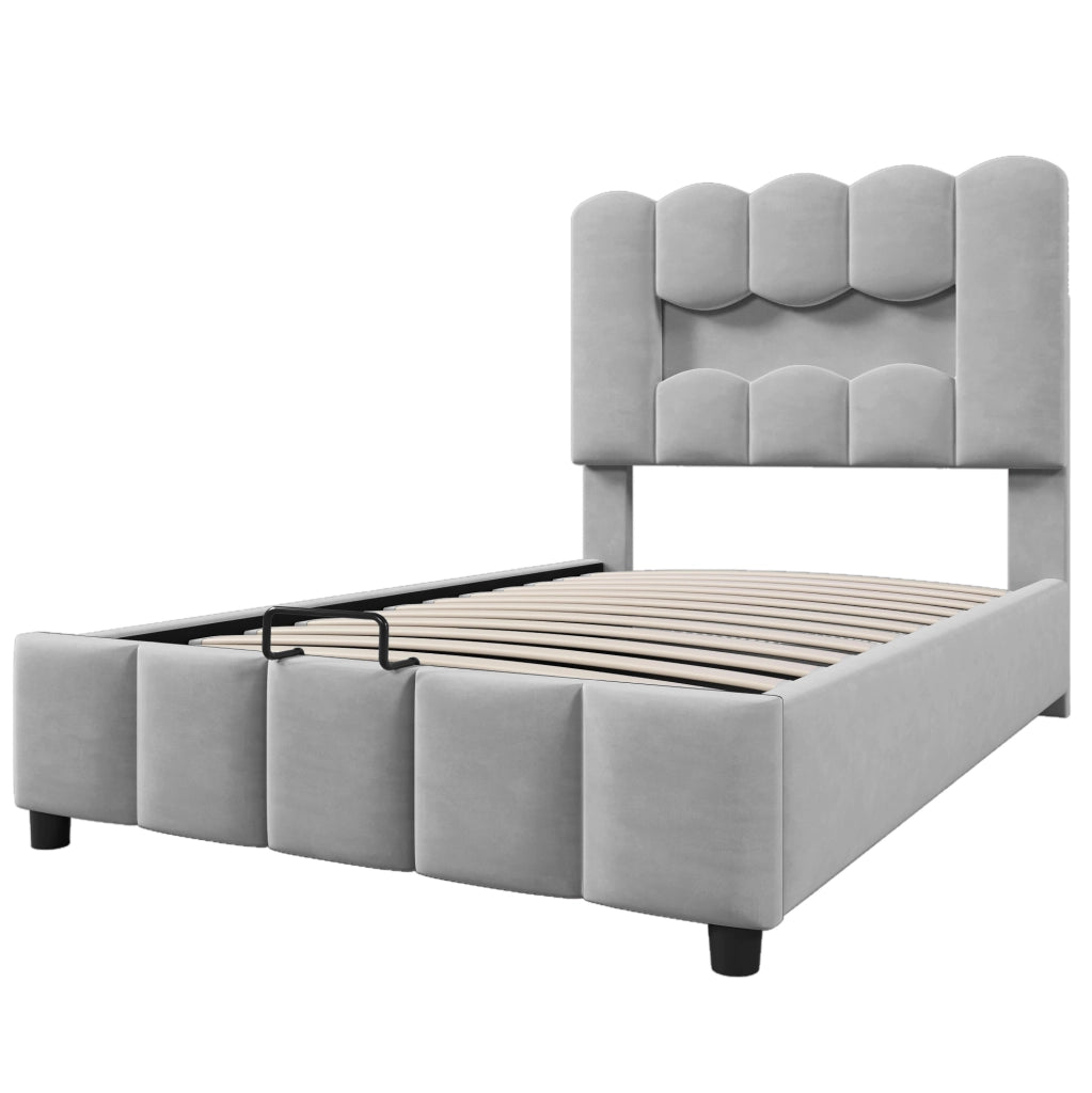 Letto imbottito 90x200 cm con contenitore; LED e testiera regolabile in velluto grigio
