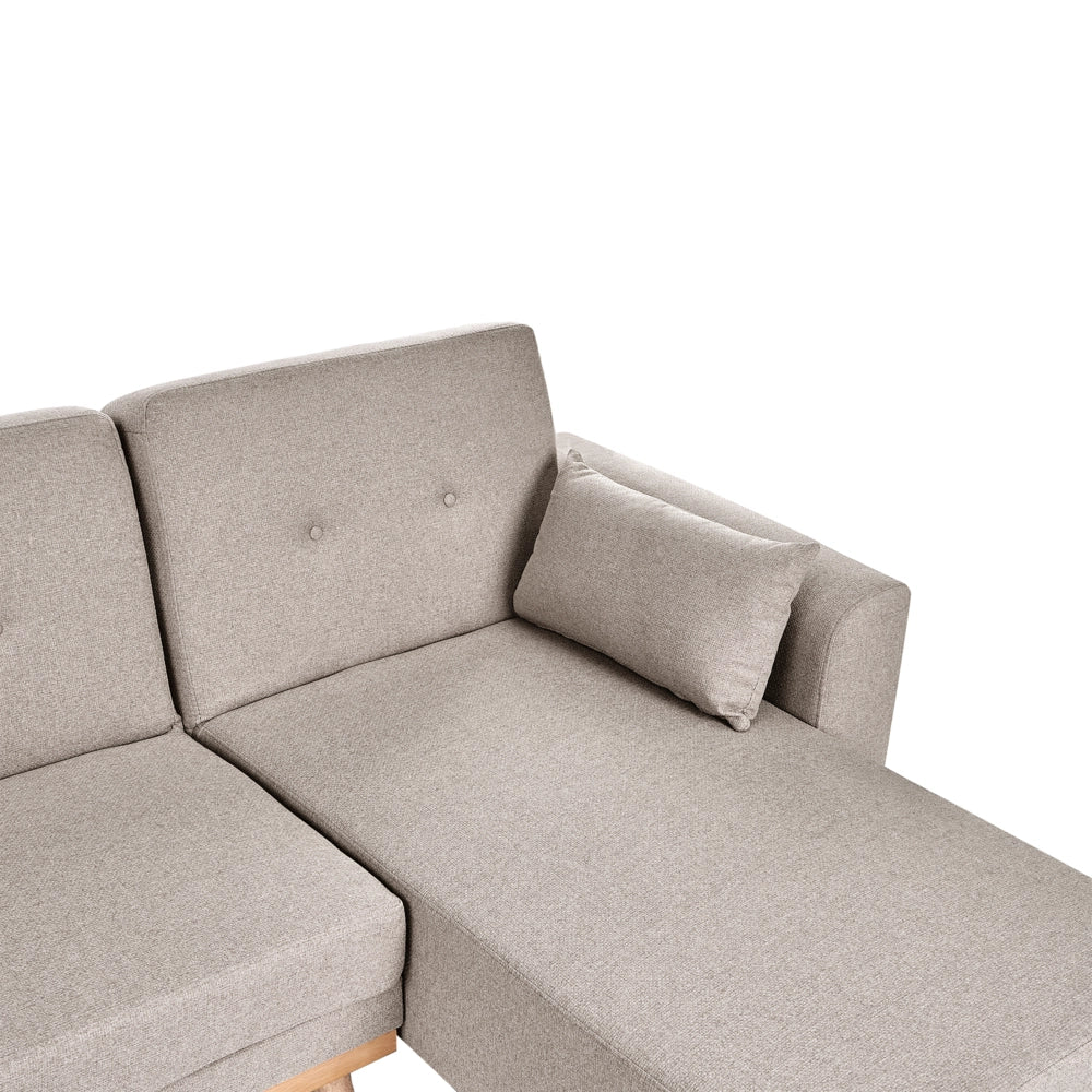 Divano Angolare ad Angolo Sinistro Beige in Tessuto Imbottito a L con Seduta Trapuntata Cuscini Decorativi e Funzione Letto
