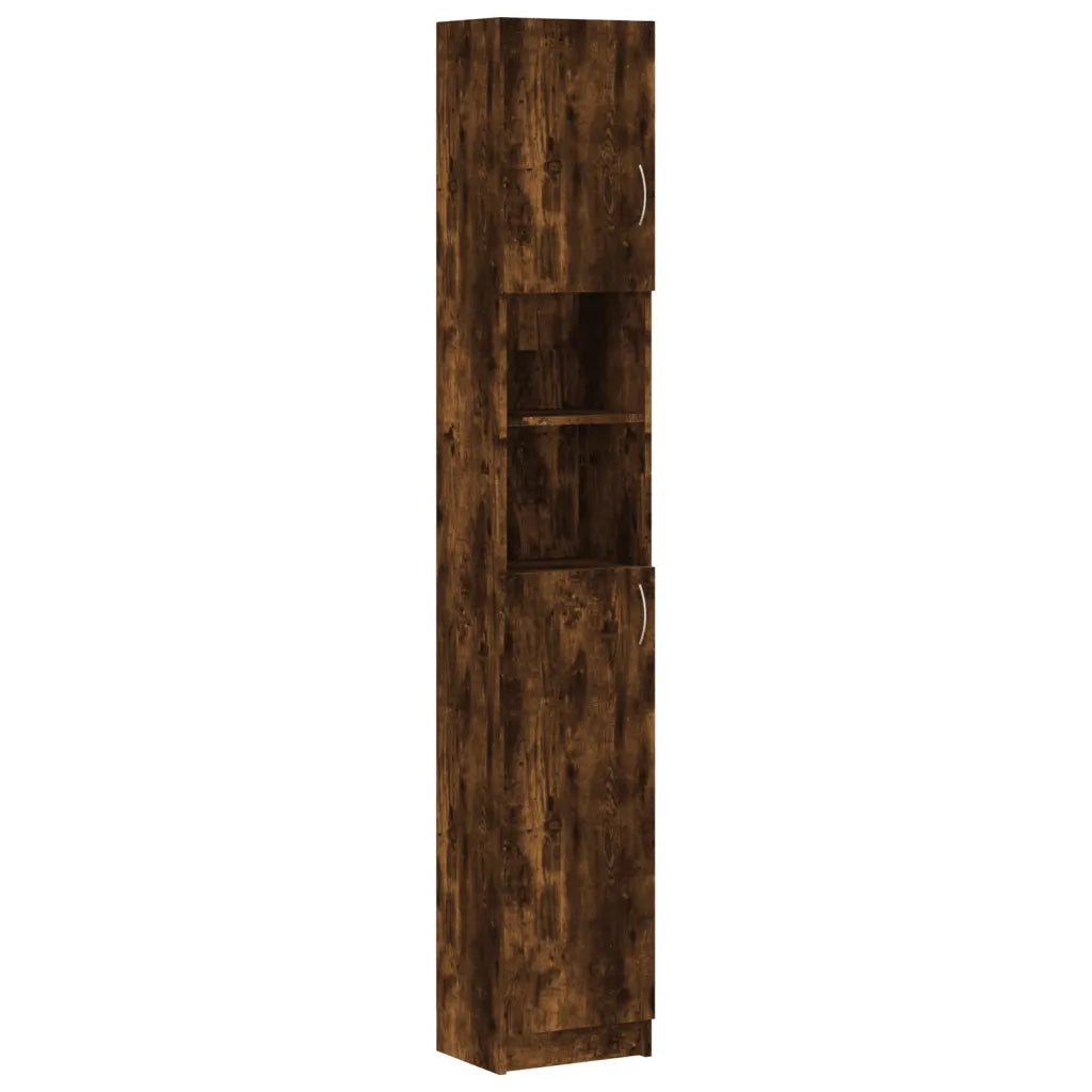 Mobiletto da bagno alto con vani contenitori flessibili 32 x 25,5 x 190 cm realizzato in legno composito finitura rovere affumicato 02_0048183