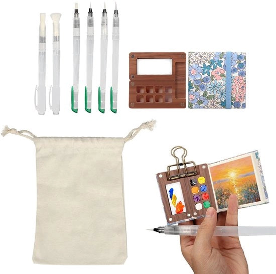 Set di Acquerelli Mini Portatile - Inclusa Scatola di Supporto - 6 Pennelli - Tasca di Riposo - Dimensioni 29 x 19 x 4,5 cm - Set di Pittura Acquerello