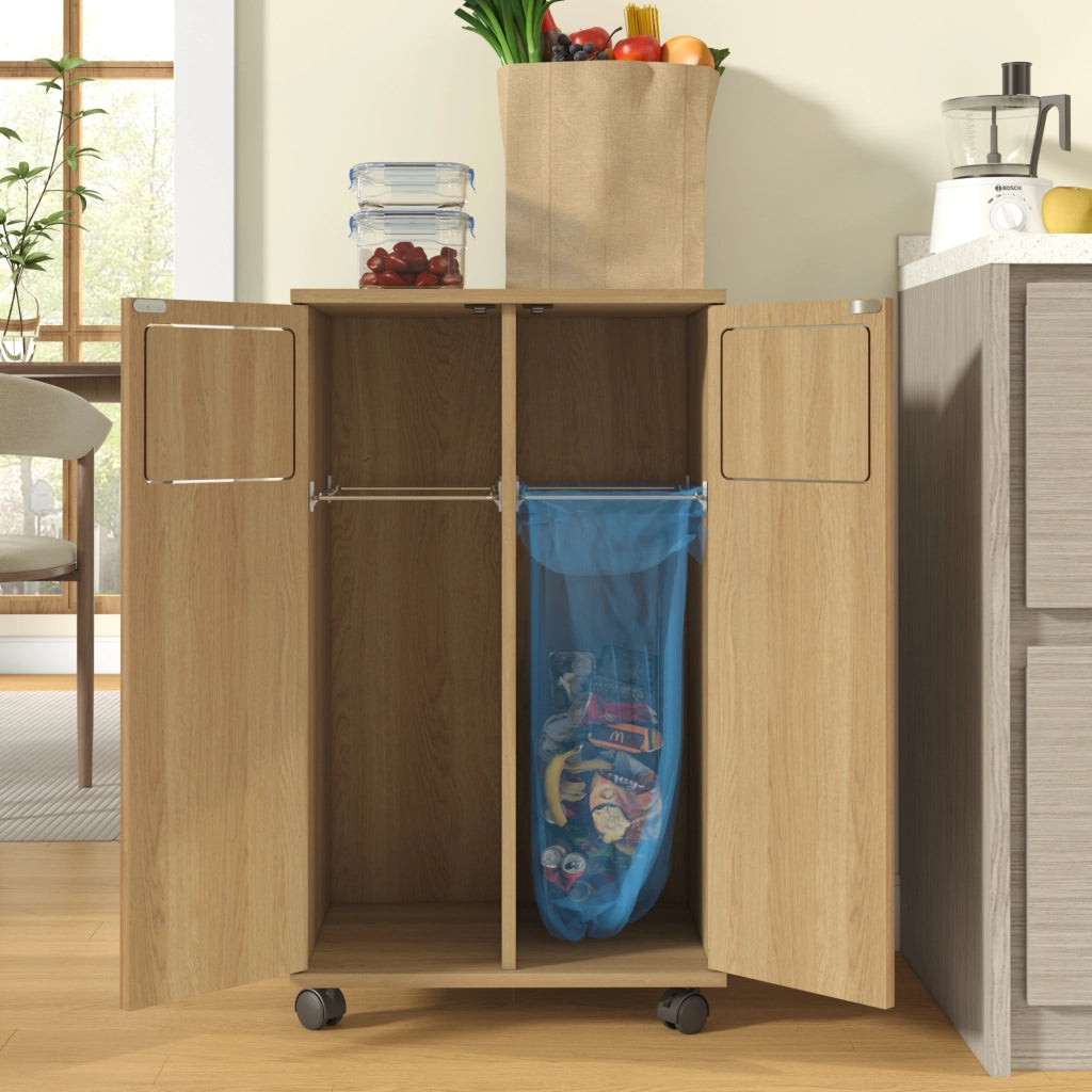 Armadio raccolta rifiuti a 2 scomparti con ruote, effetto rovere, 46,7 x 35 x 80 cm