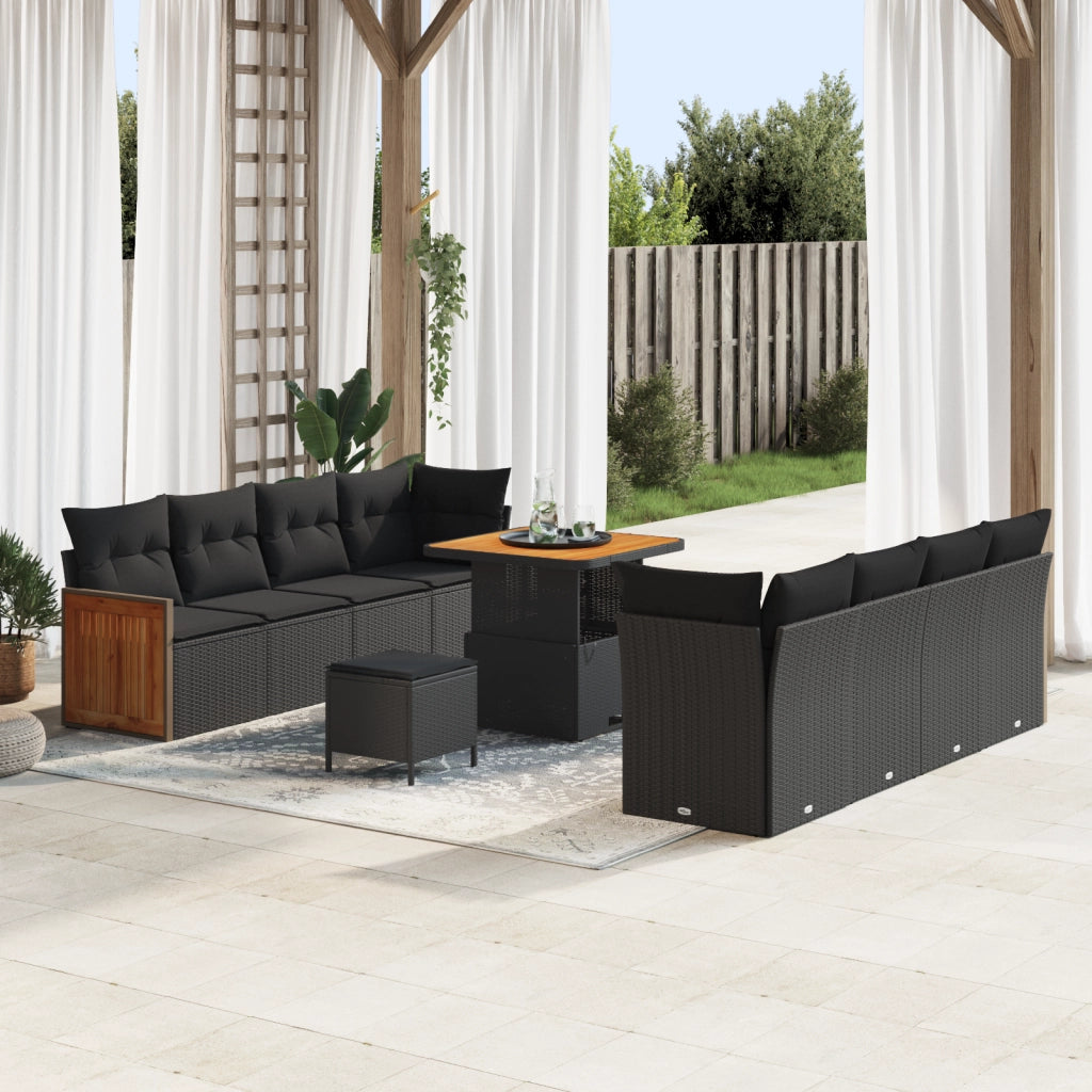 Set divani giardino 11 pezzi  con cuscini Nero Polirattan Acacia