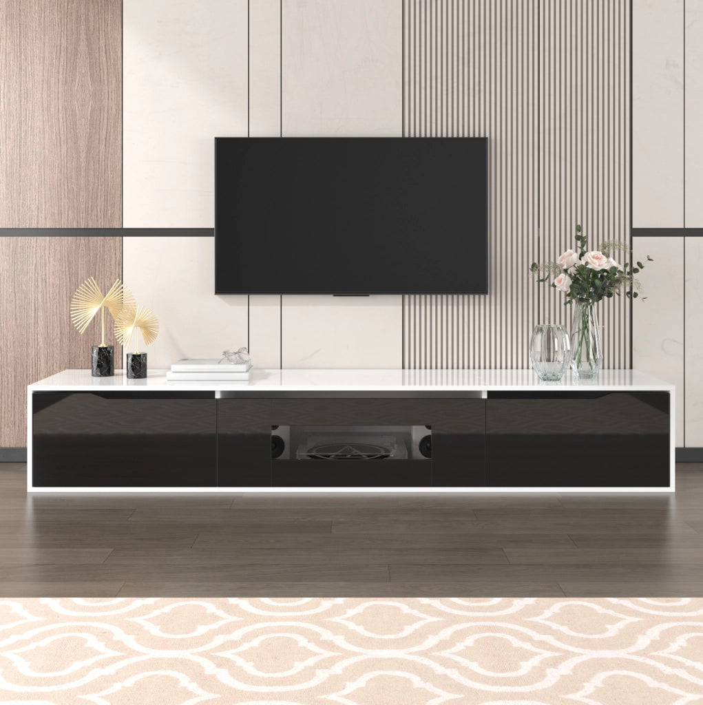 Mobile TV moderno nero e bianco lucido con LED multicolore, 180 cm