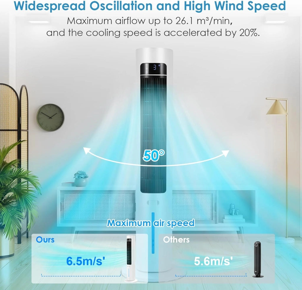 Ventilatore a torre con diffusore di aromi, telecomando a 3 livelli, con raffreddamento ad acqua, oscillazione 50°, timer 12 ore e modalità sleep per ufficio/casa, ventilatore silenzioso da