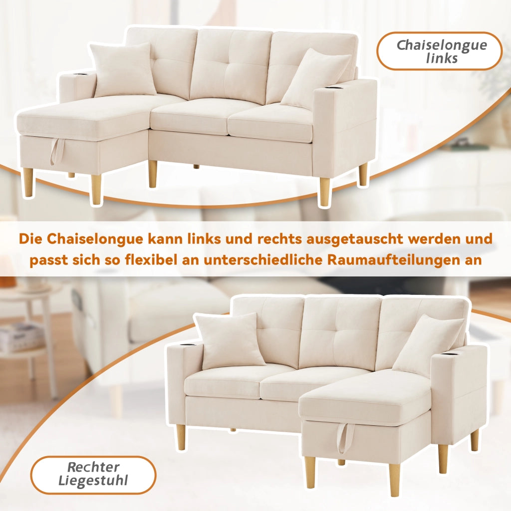 DIVANO ANGOLARE L175 x P129 x H90 cm Beige in cotone e lino con 2 cuscini