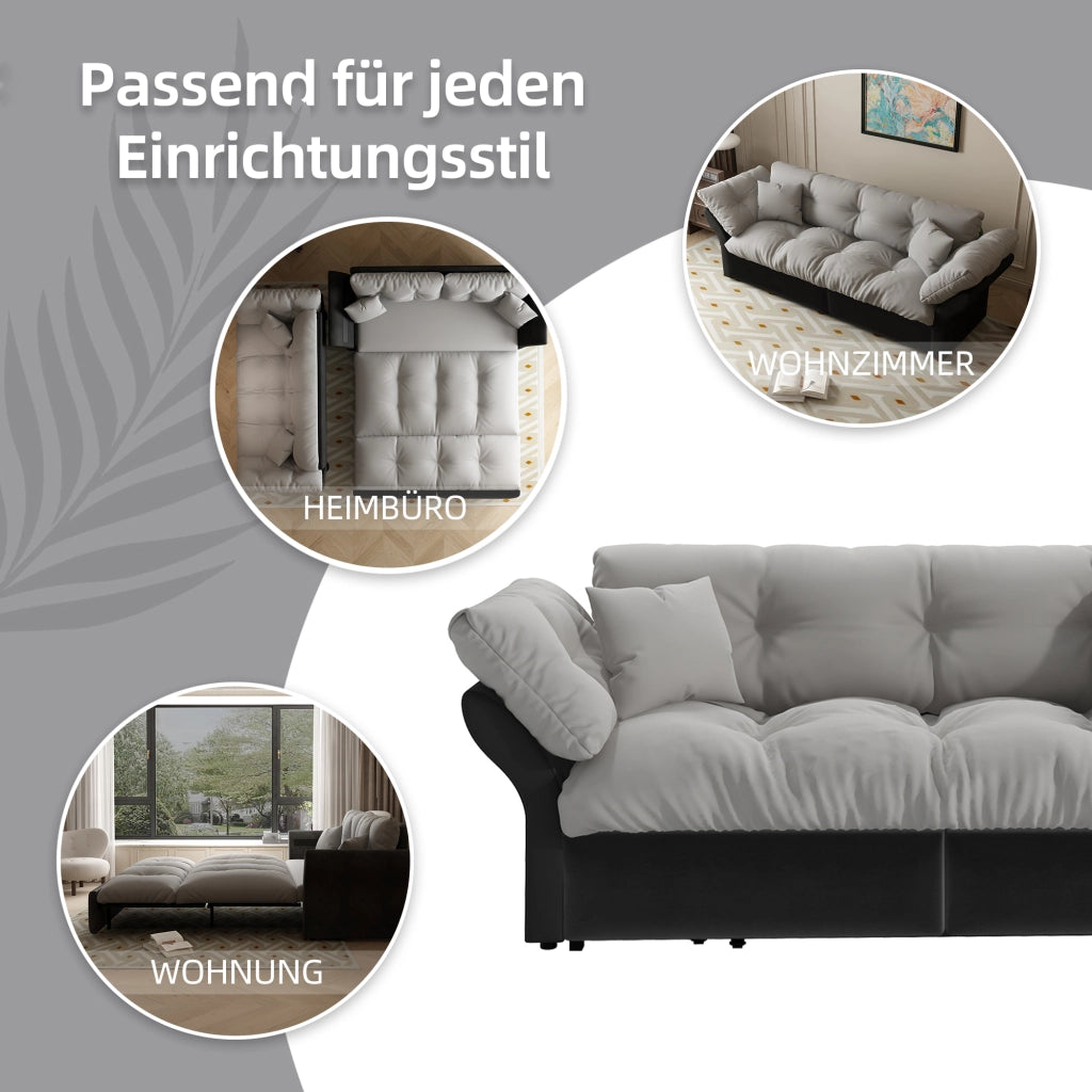 Divano letto 3 in 1 - con funzione chaise longue e 2 cuscini - in velluto - grigio chiaro