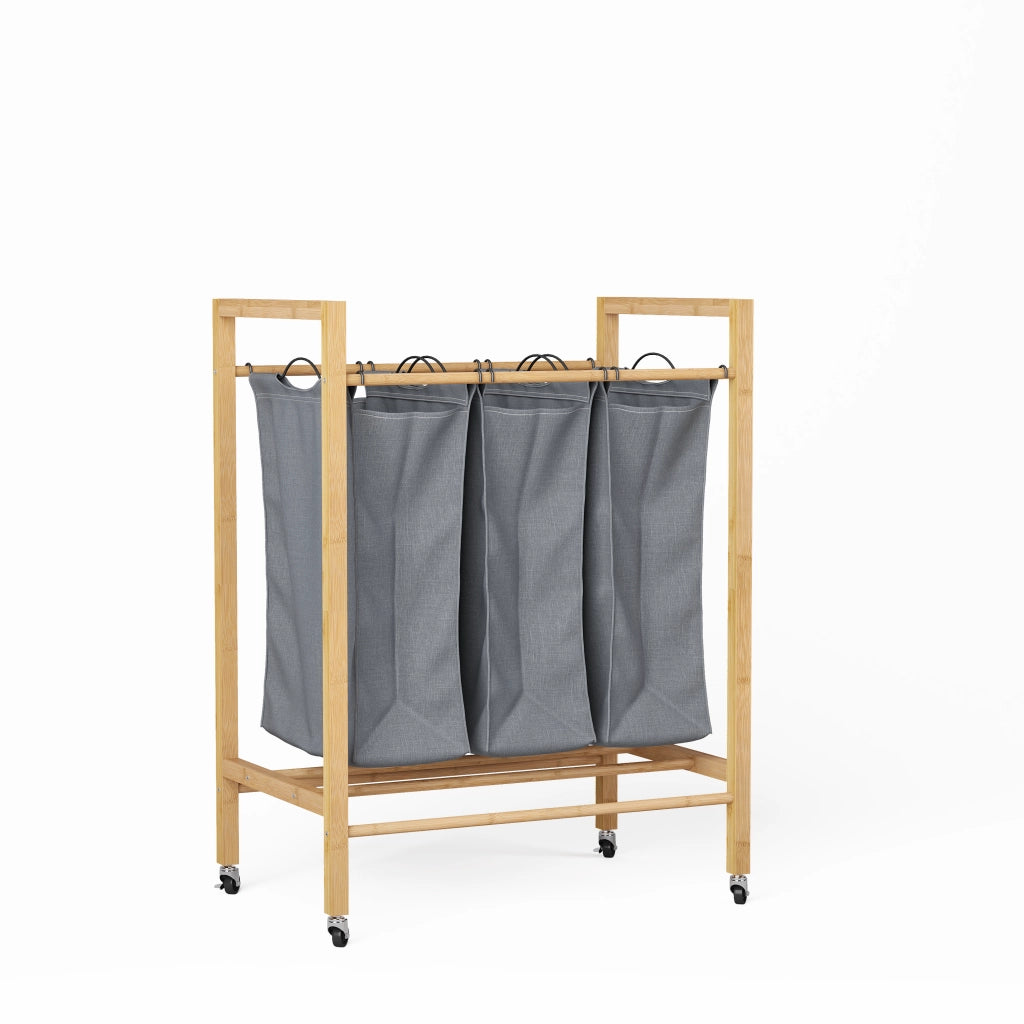 CESTO BIANCHERIA 3 SCOMPARTI 90 L Bambù Antracite/Naturale con ruote