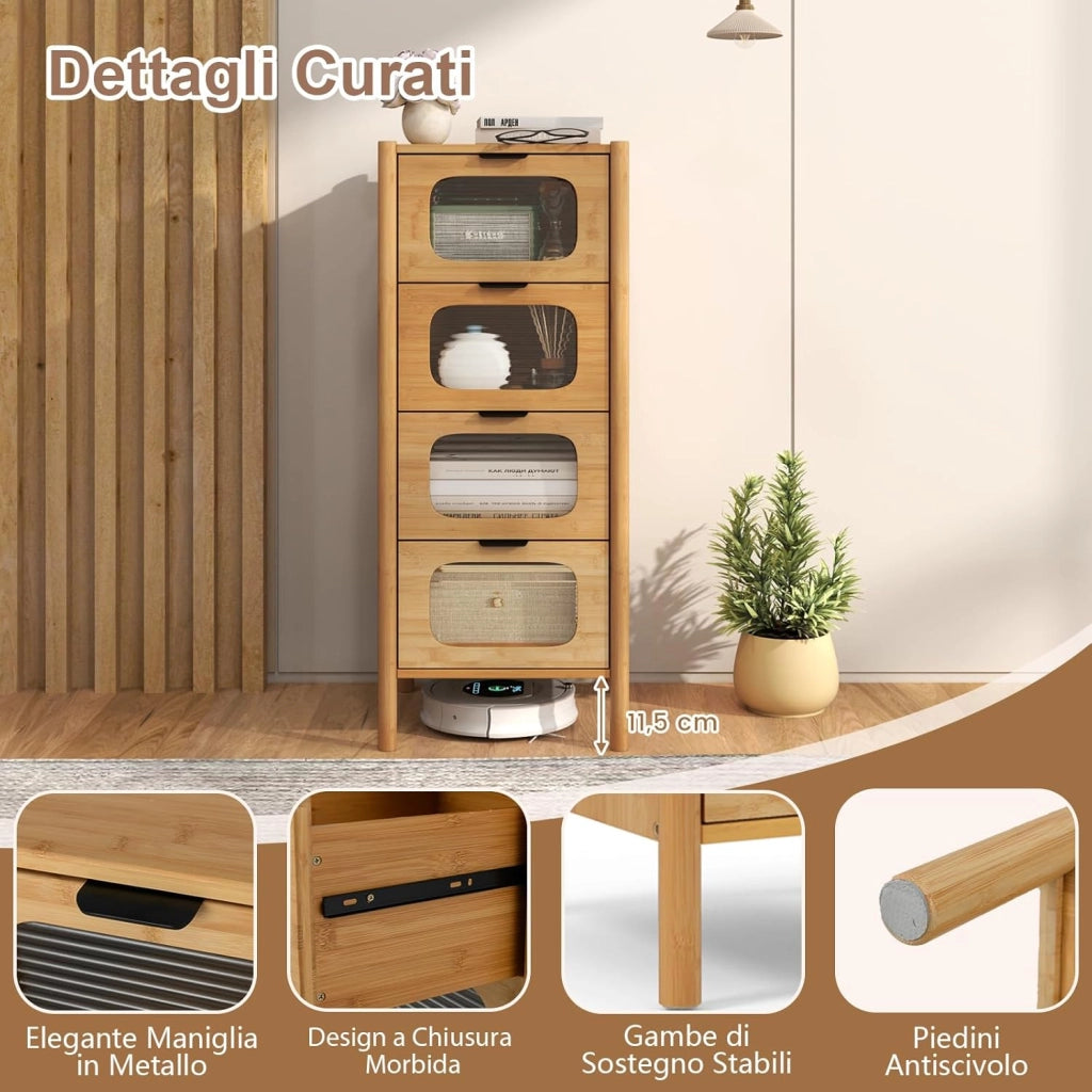 Cassettiera a 4 Cassetti in Bambù e Vetro, Cassettiera Alta per Camera da Letto, Credenza Salvaspazio per Soggiorno, Ingresso e Corridoio, 40 x 40 x 97 cm, Naturale