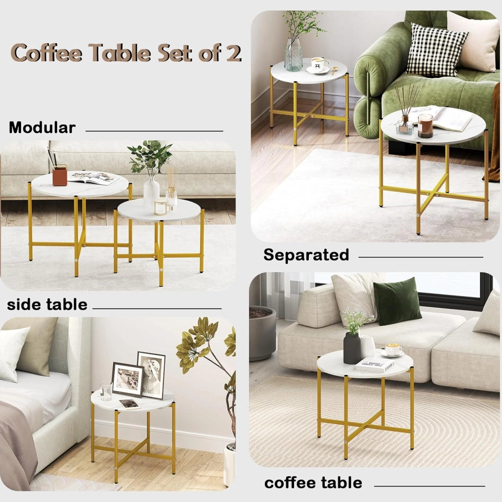 Set di 2 tavolini rotondi in stile moderno, struttura in metallo resistente, cuscinetti per piedi regolabili, eleganti tavoli estraibili per soggiorno, ufficio, camera da letto, semplice e