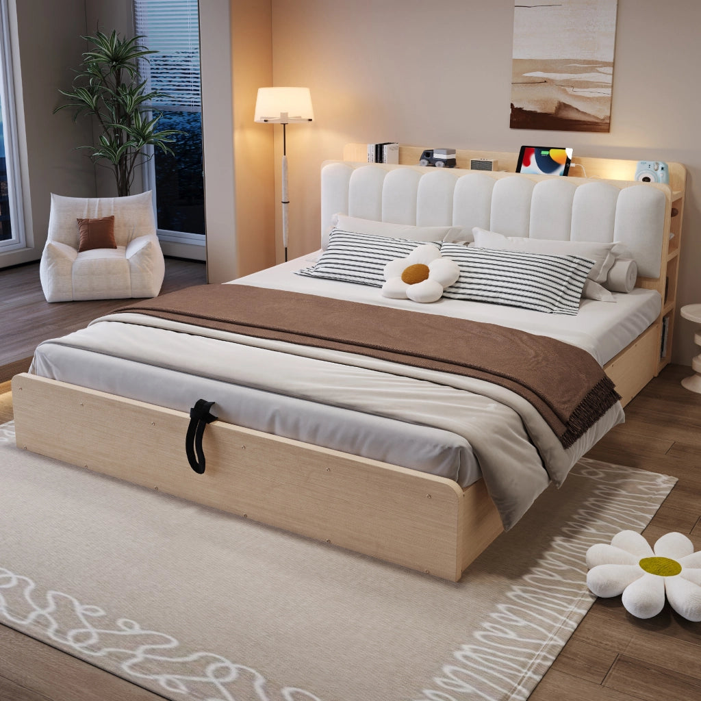 LETTO 180x200 cm in legno con contenitore idraulico, testiera imbottita, colore legno naturale
