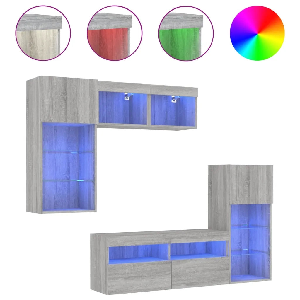 vidaXL Mobili TV a Muro con LED 5pz Grigio Sonoma in Legno Multistrato