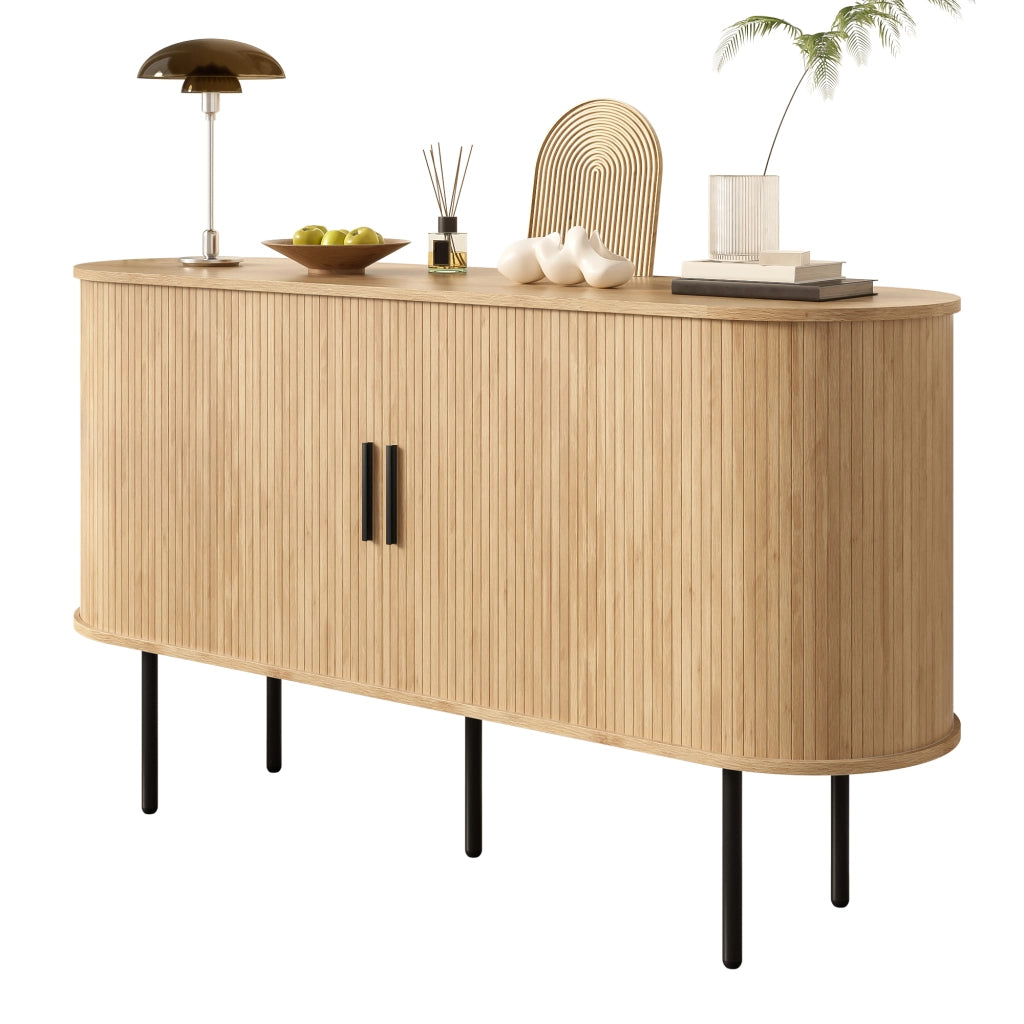 Credenza con 2 Ante a Serrandina Scorrevoli; Maniglie in Alluminio e Gambe in Ferro; in MDF; 140??40??78 cm; Naturale