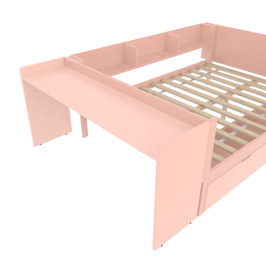 Letto matrimoniale con scrivania, cassetti e ripiani, 140x200 cm, rosa