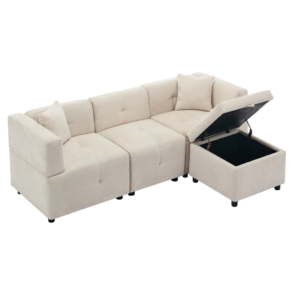 Divano ad Angolo Modulare 3 Posti con Vano Contenitore e Pouf Rimovibile con 2 Cuscini Struttura Stabile in Ciniglia Beige