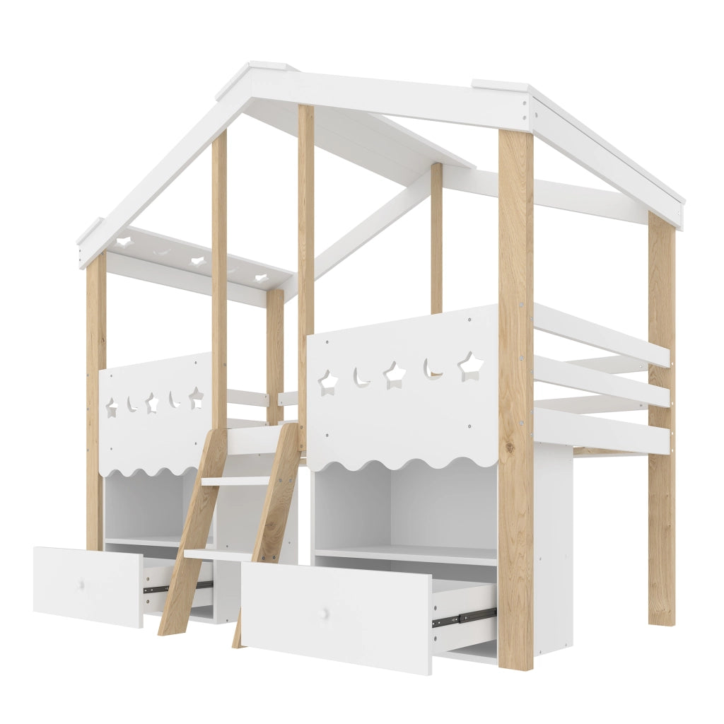 DESMIU Letto a soppalco per bambini 90 × 200 cm 1 posto con 2 cassetti, LED e scaffali, senza materasso