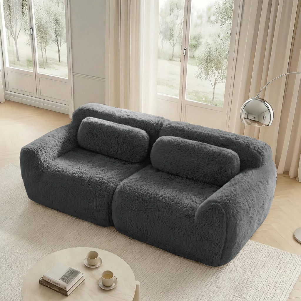 Divano modulare angolare in tessuto peluche grigio; senza montaggio