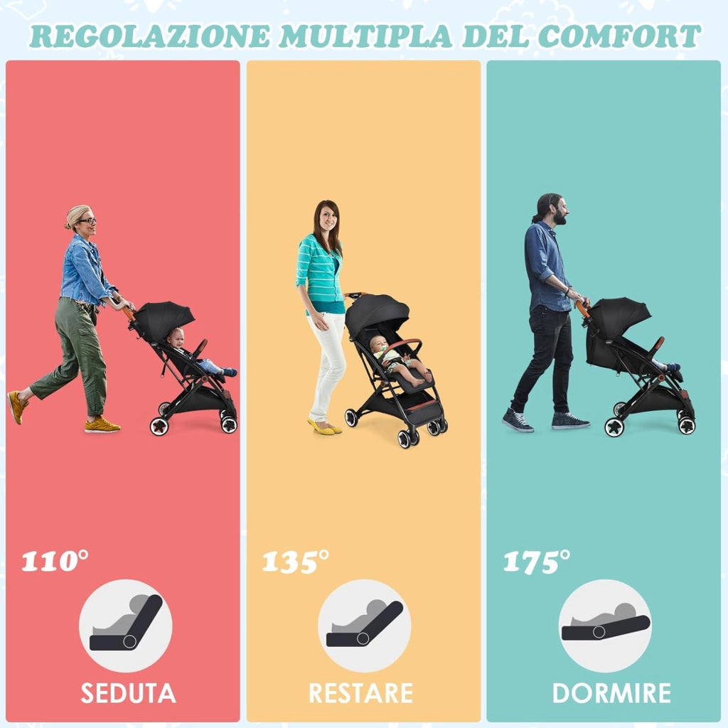 Passeggino Leggero per Bambini, Carrozzina con Schienale Regolabile, Passeggino Pieghevole con Ruote Universali, Sacco a fondo,per Bambini 0-36 Mesi, Portata 15 kg(Nero)