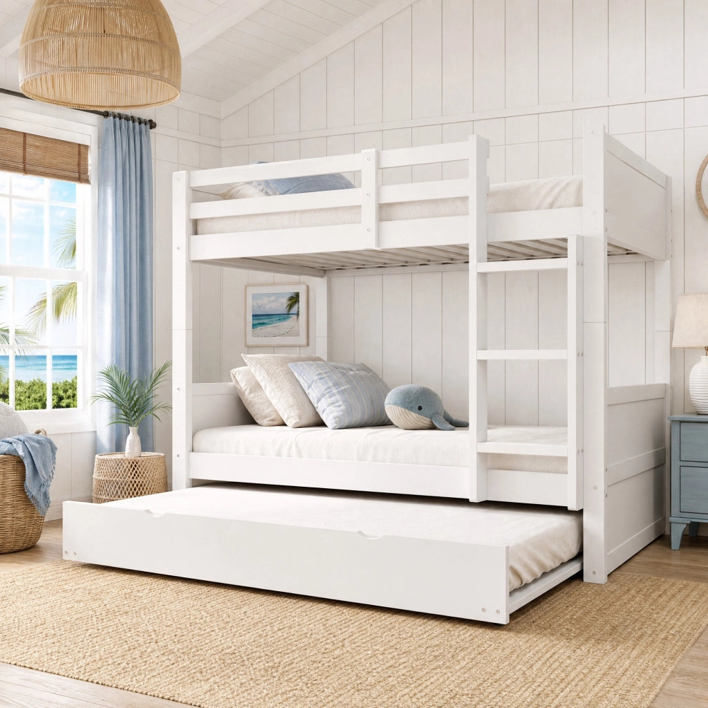 Letto a castello 90x200 cm in legno bianco con letto estraibile e scala