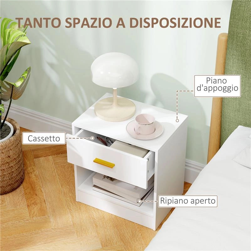 SET 2 COMODINI MODERNI IN LEGNO CON CASSETTO E RIPIANO APERTO 39X28X41 CM BIANCO