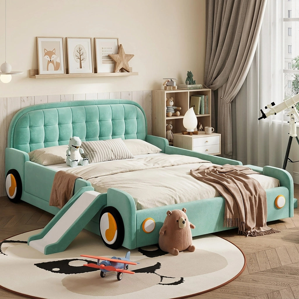 Letto per Bambini 140x200 cm - Scivolo e Scala Reversibili; Sponde Imbottite - Bluverde