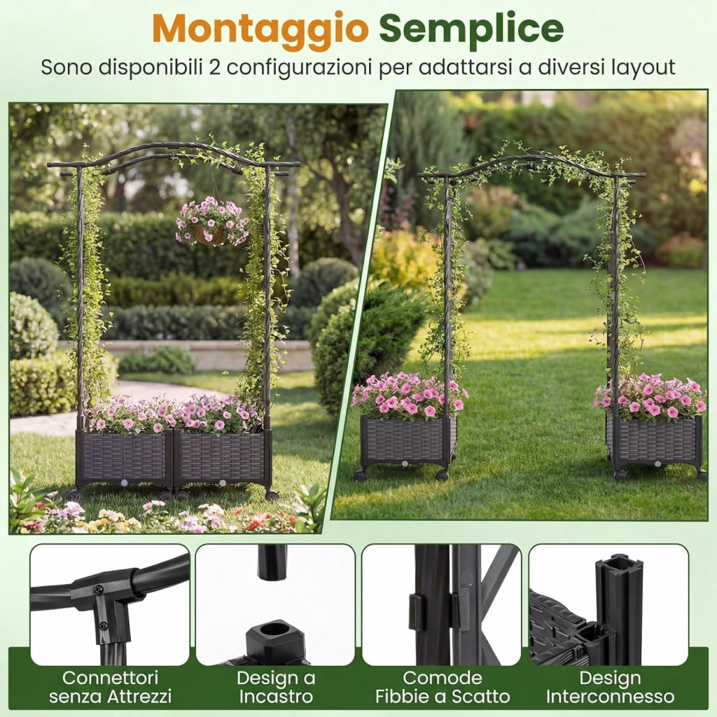 Fioriera Rialzata con Graticcio e Tetto, Irrigazione Automatica e Ruote Bloccatili, Letto da Giardino Rialzato in Rattan Impermeabile per Piante Rampicanti, Fiori ed Erbe (Grigio)