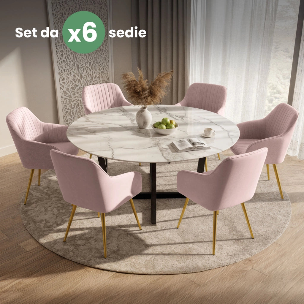 Set di 6 Sedie in velluto con cuciture verticali FLORENCE Rosa Cipria gambe oro