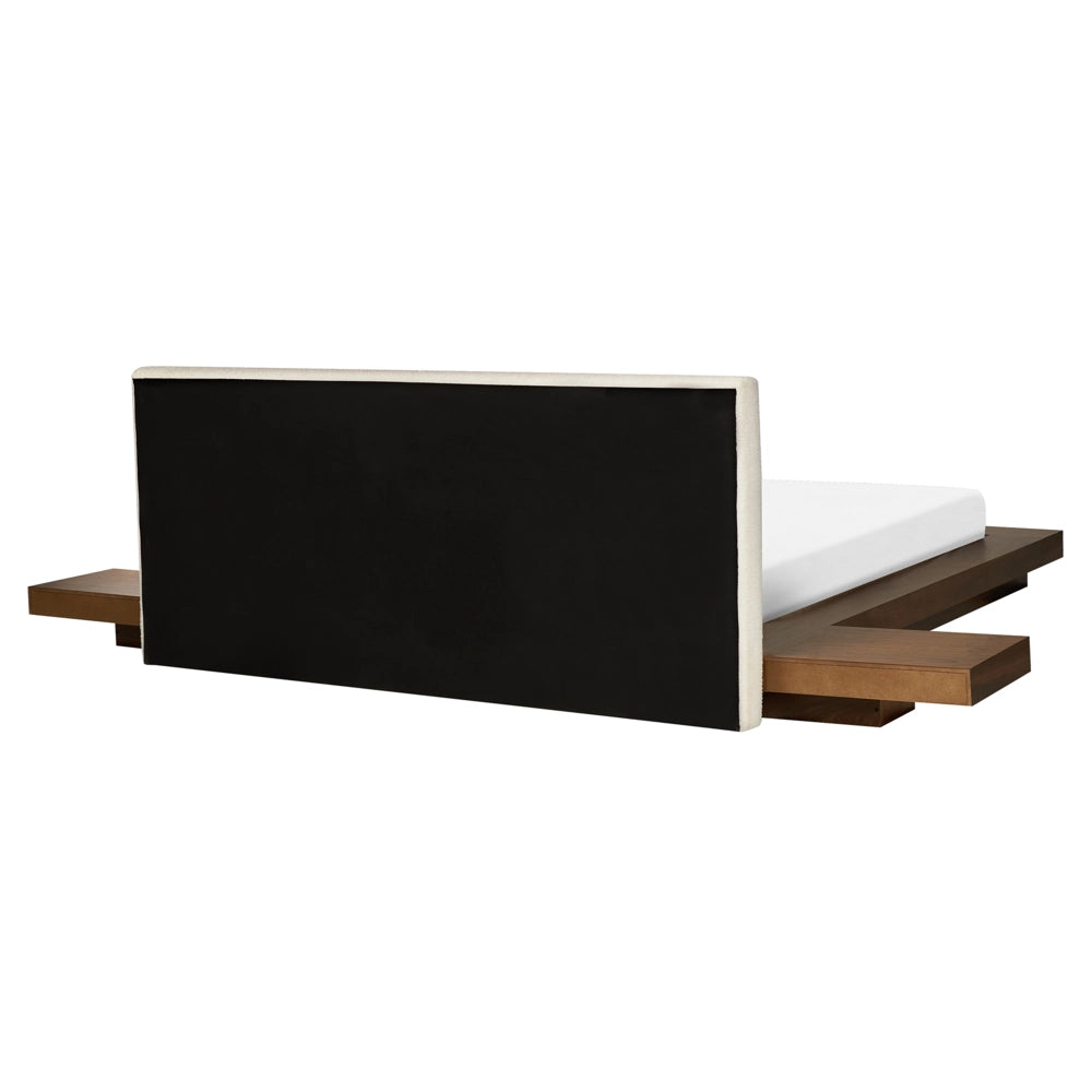 Letto LED in stile giapponese in frassino marrone 160 x 200 cm testata impiallacciata in legno bouclé a basso profilo camera da letto