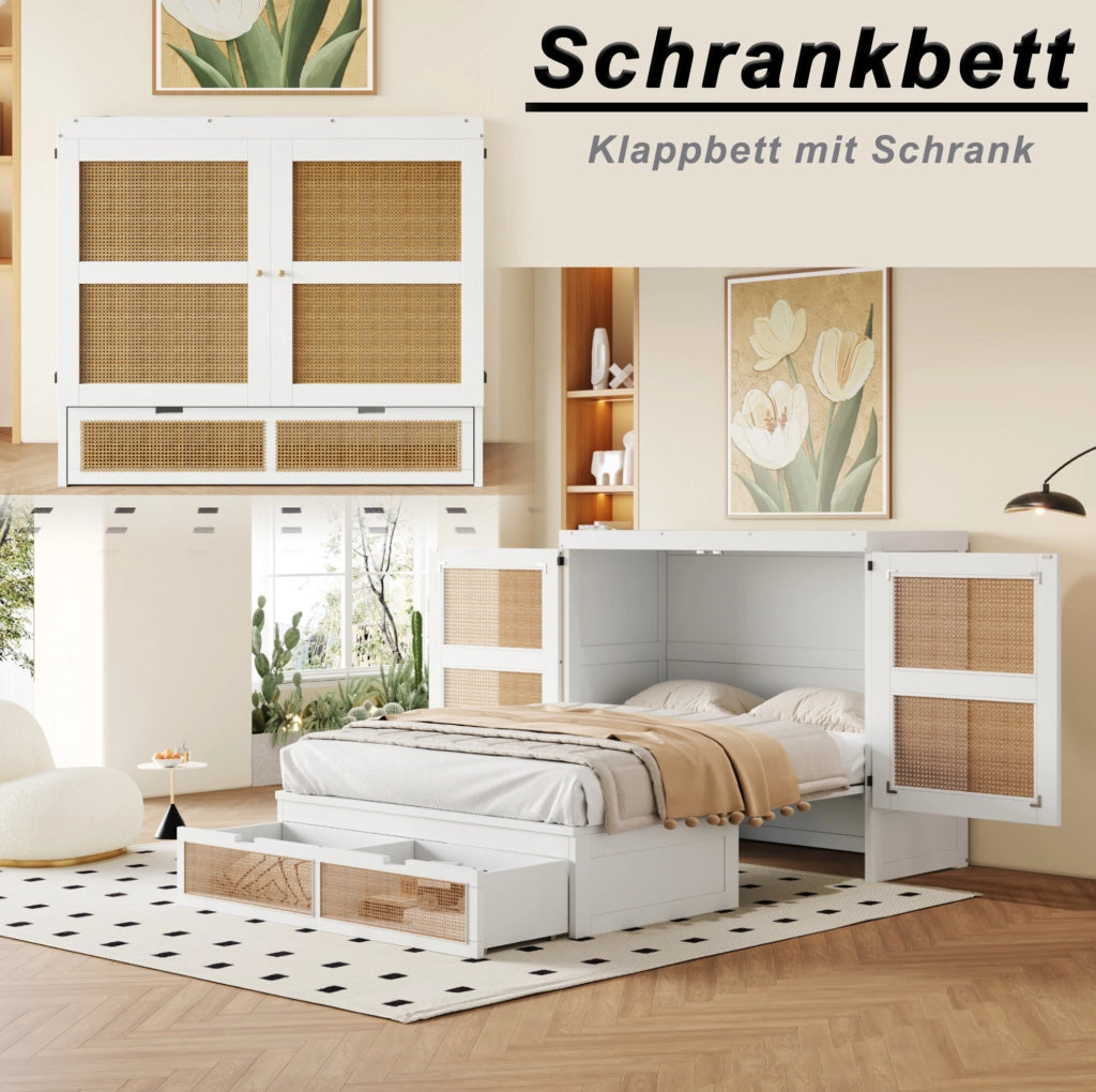 Letto a scomparsa verticale 140x200 cm in legno bianco con rattan; cassetti contenitore