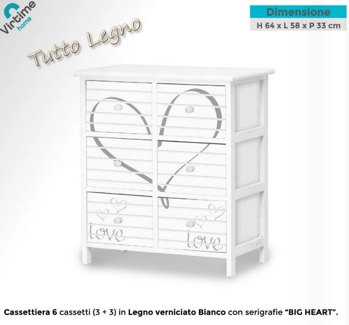 Cassettiera Mobile in Legno con 3 + 3 Cassetti Bianco Big Heart 58 x 33 x 64 cm