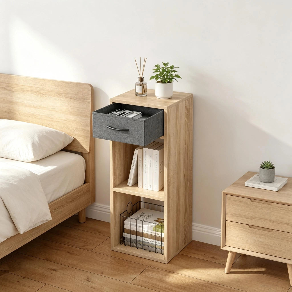 Libreria con cassetto e 2 vani aperti, salvaspazio per camera e studio, in legno ingegnerizzato, grigio e rovere