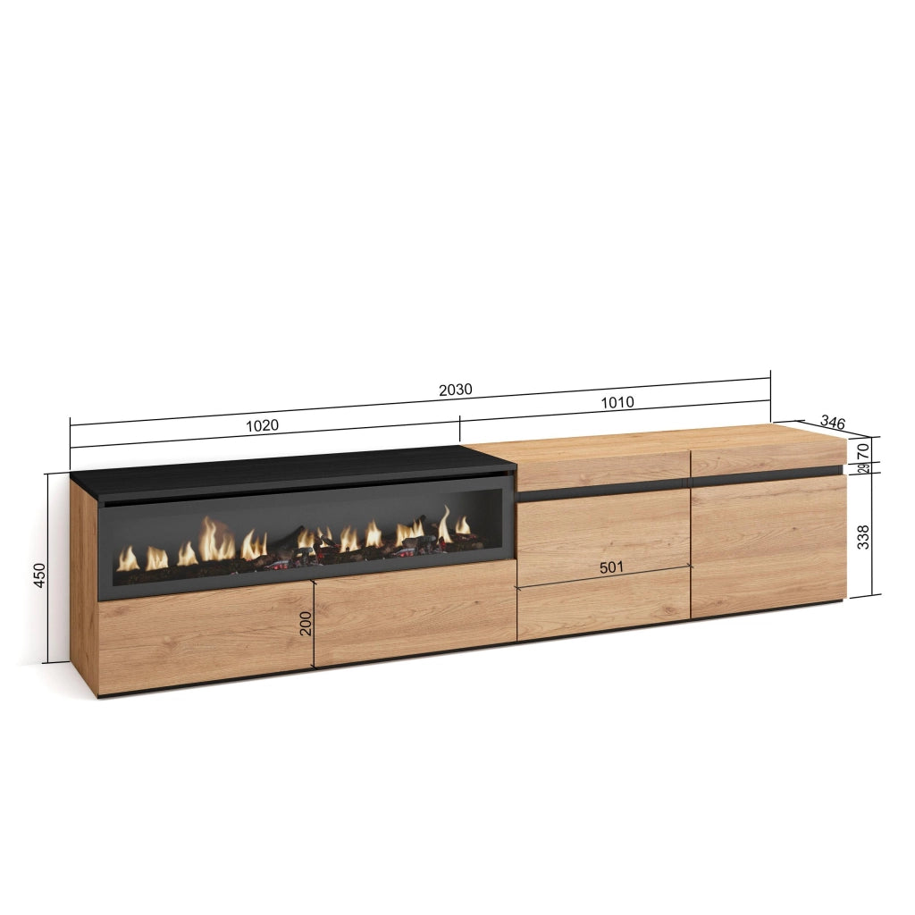 Mobile TV, 200x35x45cm, soggiorno, Per TV fino a 80", Camino elettrico, colore Rovere e nero RF2145