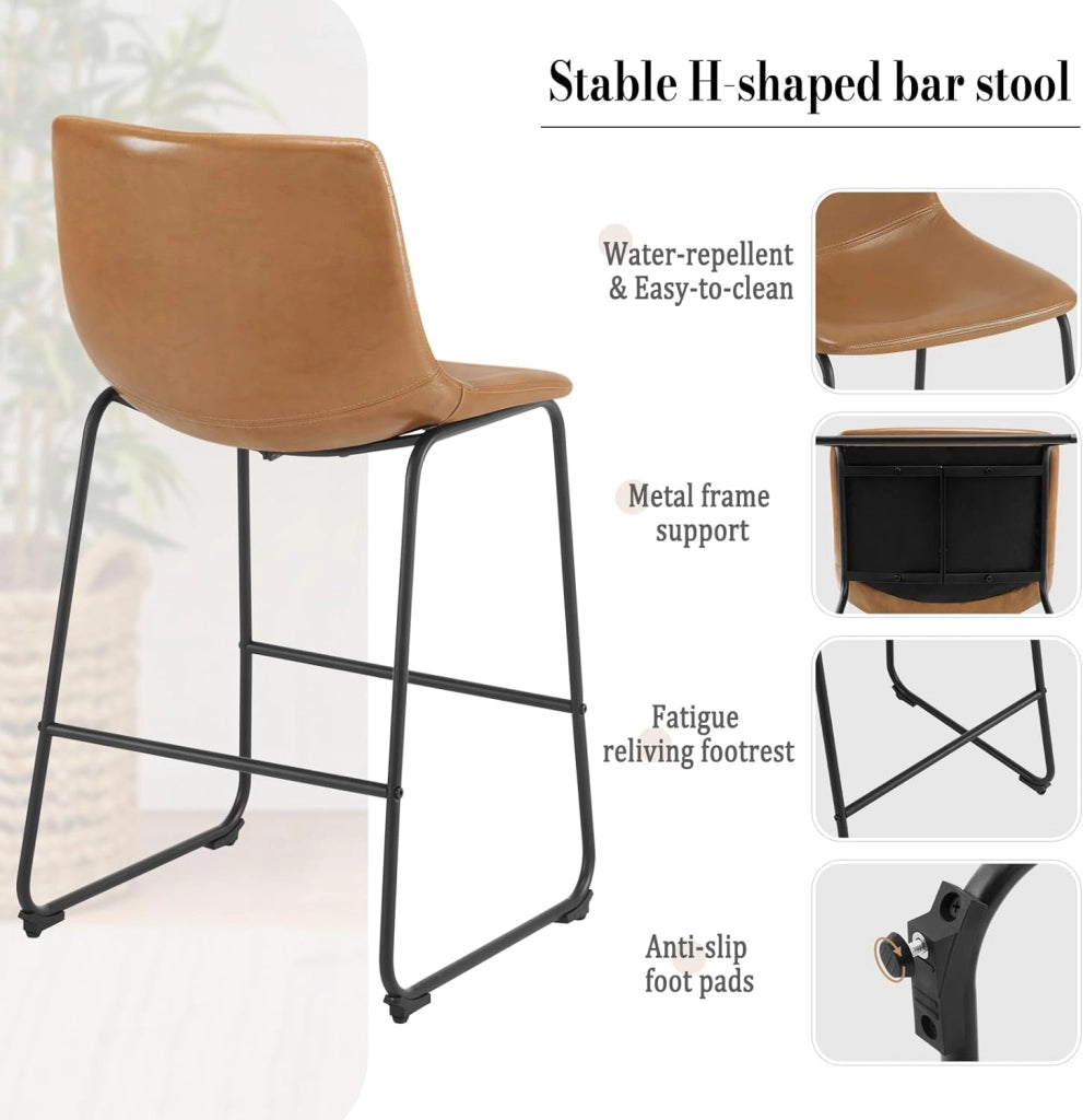 Sgabelli cucina con Schienale, Sedia da Cucina in PU, Sgabello Alto Imbottito per Bistrot, Isola Cucina, con Gambe e Poggiapiedi in Metallo, Marrone, 1071BY-2