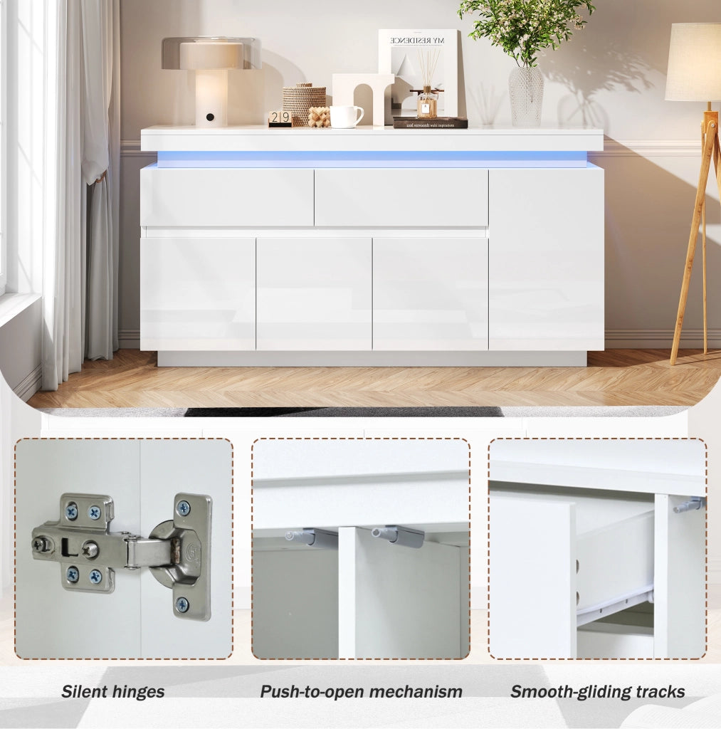 Madia ULEVR 140x35x72,5 cm con 4 ante, 2 cassetti, LED e USB, bianco lucido