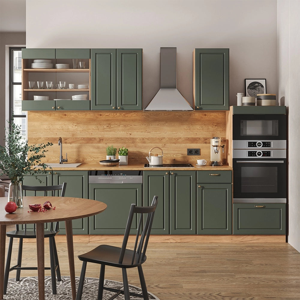 Cucina componibile Fame-Line Verde-oro rustico/Rovere dorato 300 cm con armadio alto, PL Antracite Vicco