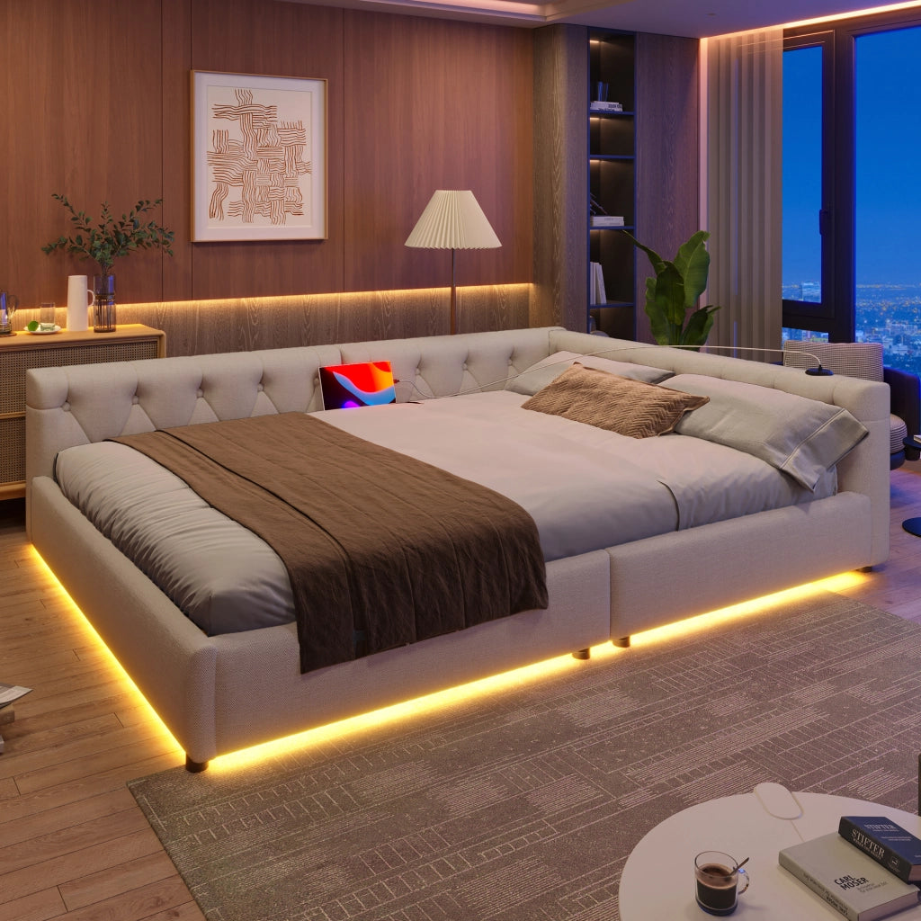 Letto divano con rete a doghe in lino beige 140x200 cm
