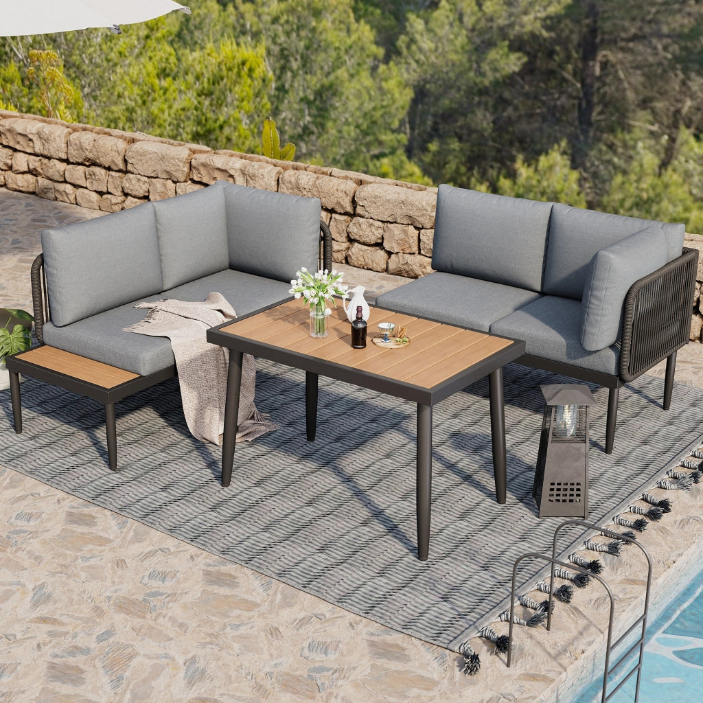 OKWISH Set di 2 Mobili da Giardino con Divano ad Angolo e Tavolo da Pranzo, per Esterno, Acciaio Zincato e Olefina Grigio