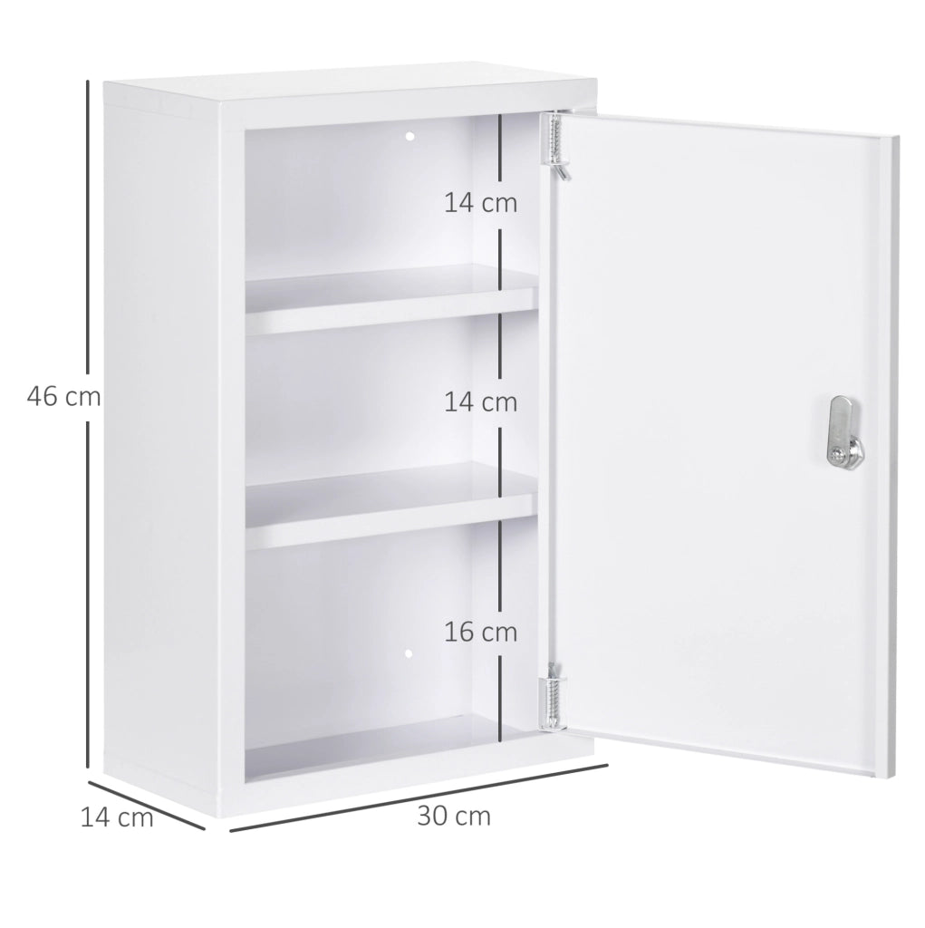Armadio Medico in Acciaio Bianco con 3 Ripiani e Serratura, 30x14x46 cm