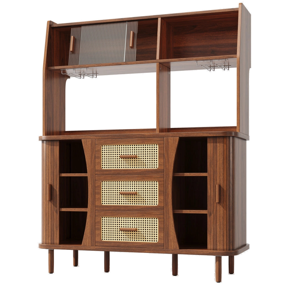 Credenza con 3 cassetti; ante scorrevoli in vetro e vani aperti - per cucina - noce