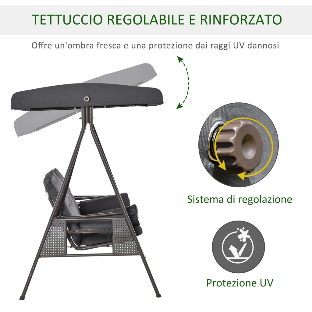Dondolo da Giardino 3 Posti 208x120x172 cm Tetto Regolabile Portabicchieri e Cuscini Grigio