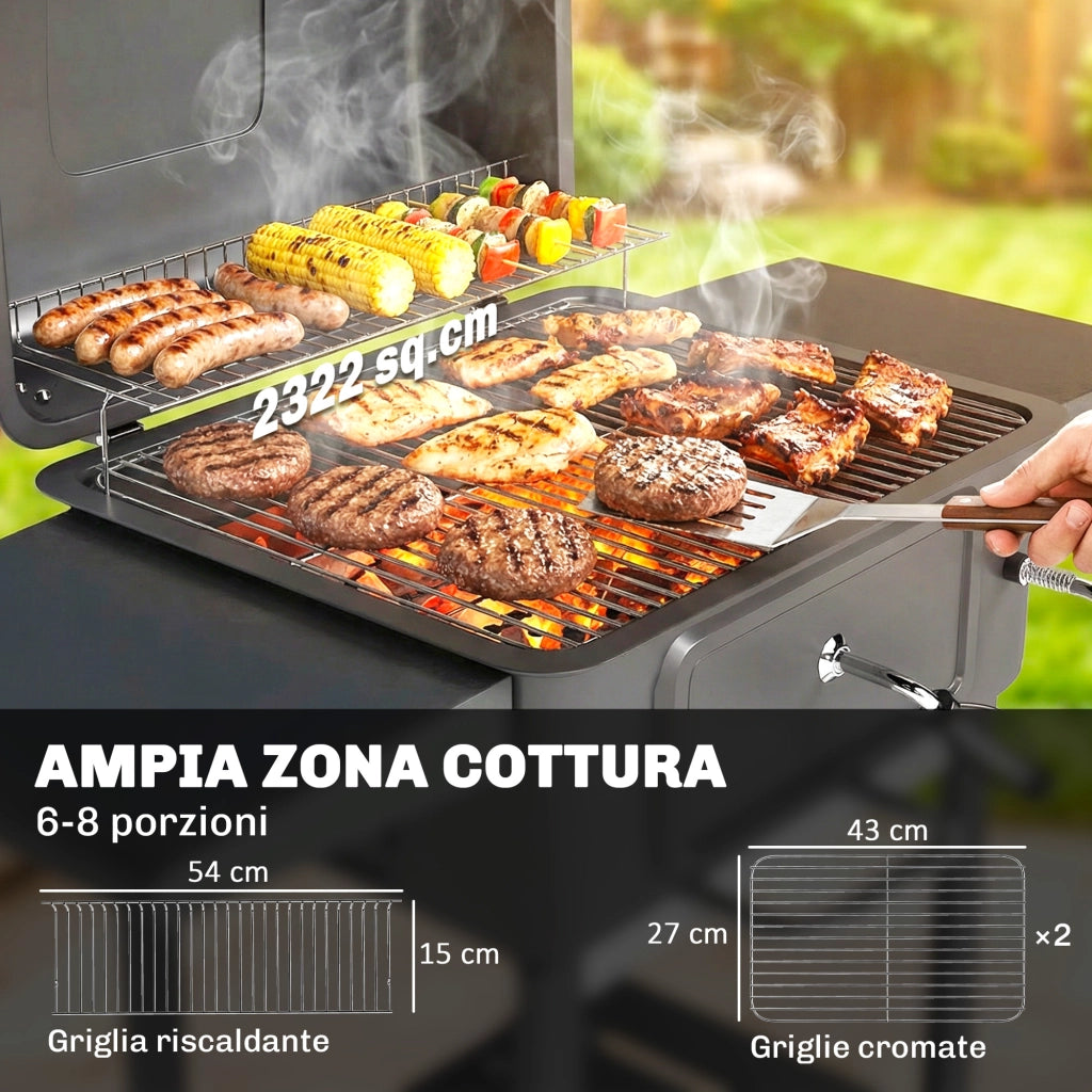 Barbecue a Carbone, Griglia Smoker con Ruote per Uso Esterno, Nero