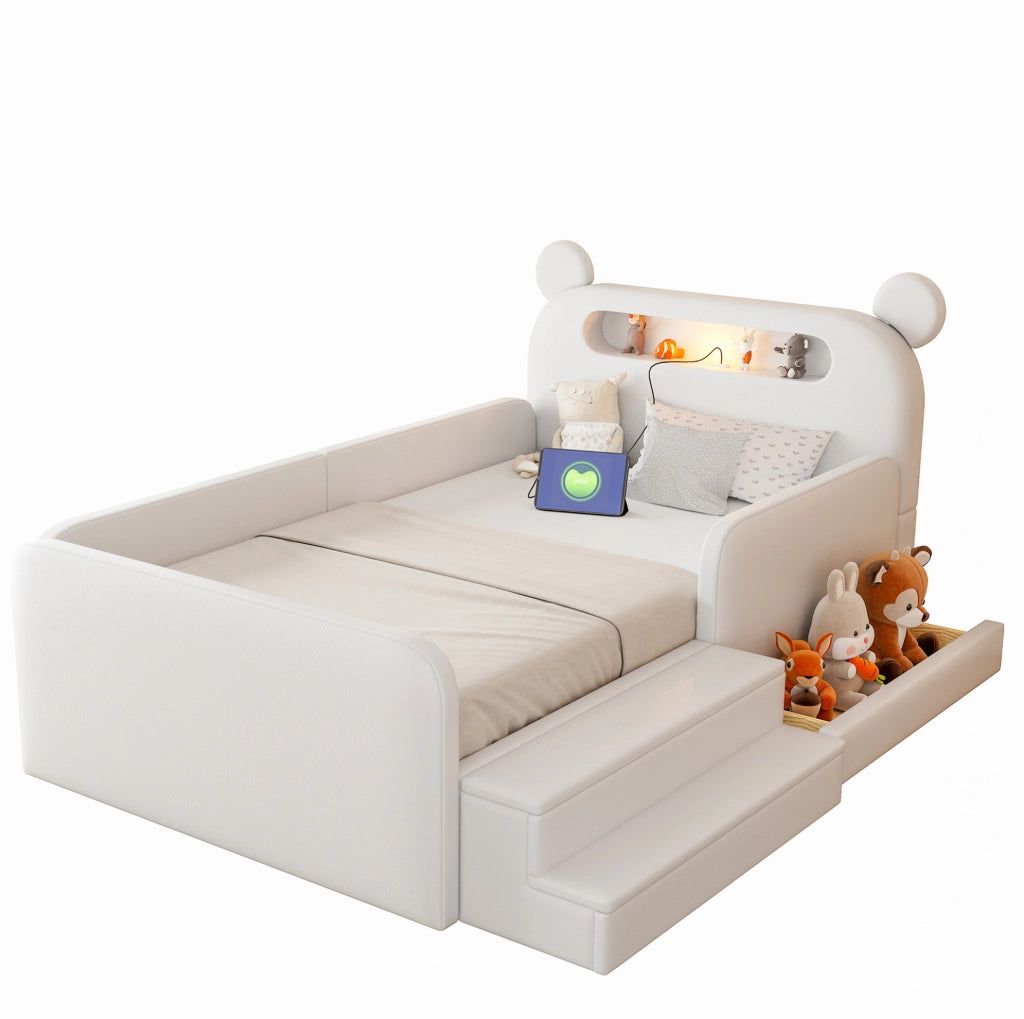Letto imbottito per bambini 90 x 200 cm con testiera a orsetto; contenitore; luce notturna e USB; bianco