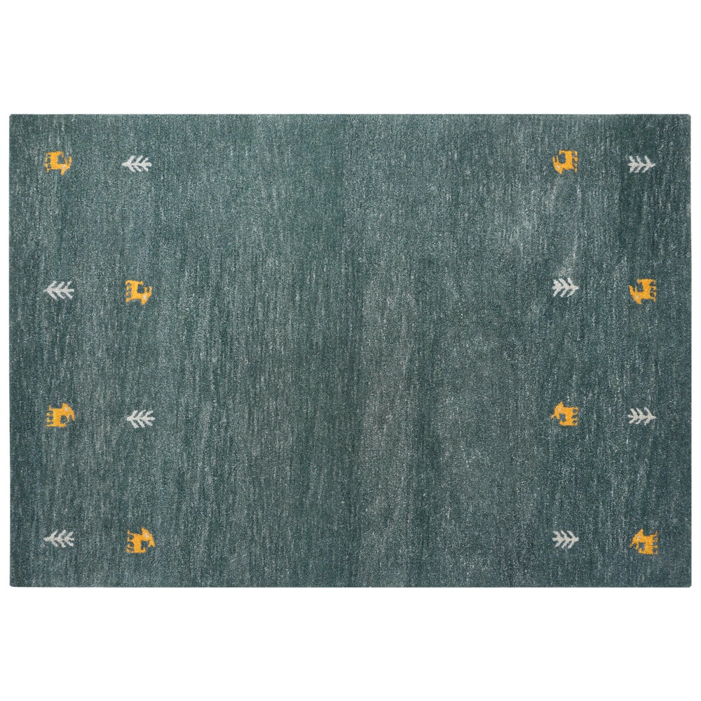 Tappeto Gabbeh in lana verde 160 x 230 cm, trapuntato a mano con motivi animali occidentali e design rustico