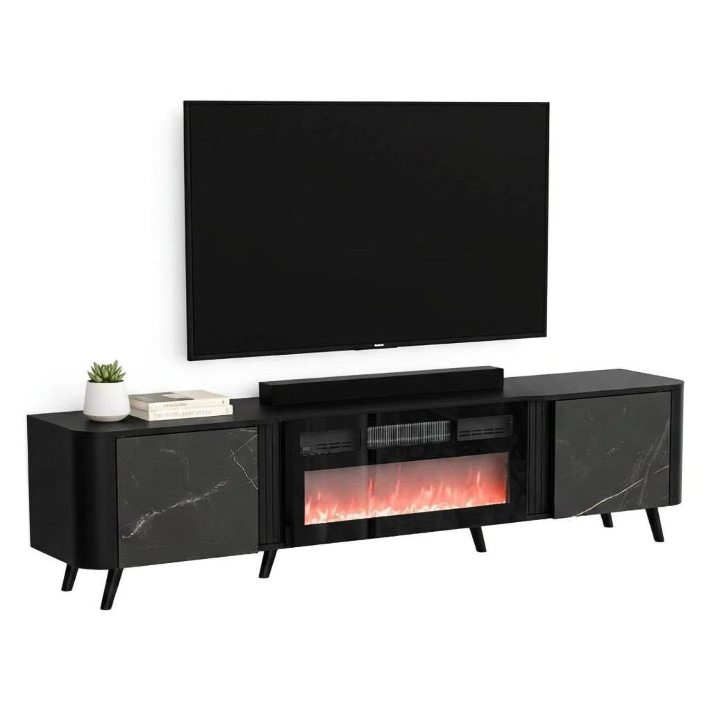 Mobile porta TV Vicino, Madia da salotto con due ante battenti e camino elettrico, Rialzato da terra, 191x40 h58 cm, Marmo e Nero