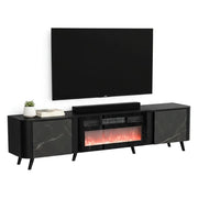 Mobile porta TV Vicino, Madia da salotto con due ante battenti e camino elettrico, Rialzato da terra, 191x40 h58 cm, Marmo e Nero