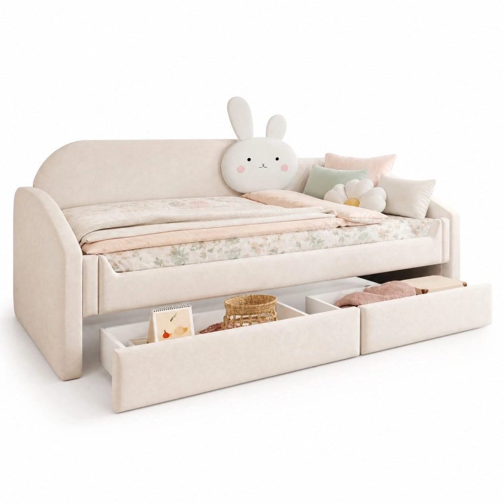 Letto a Divanetto 90x200 cm; Letto Singolo; con 2 Cassetti; LED; in Velluto; Beige