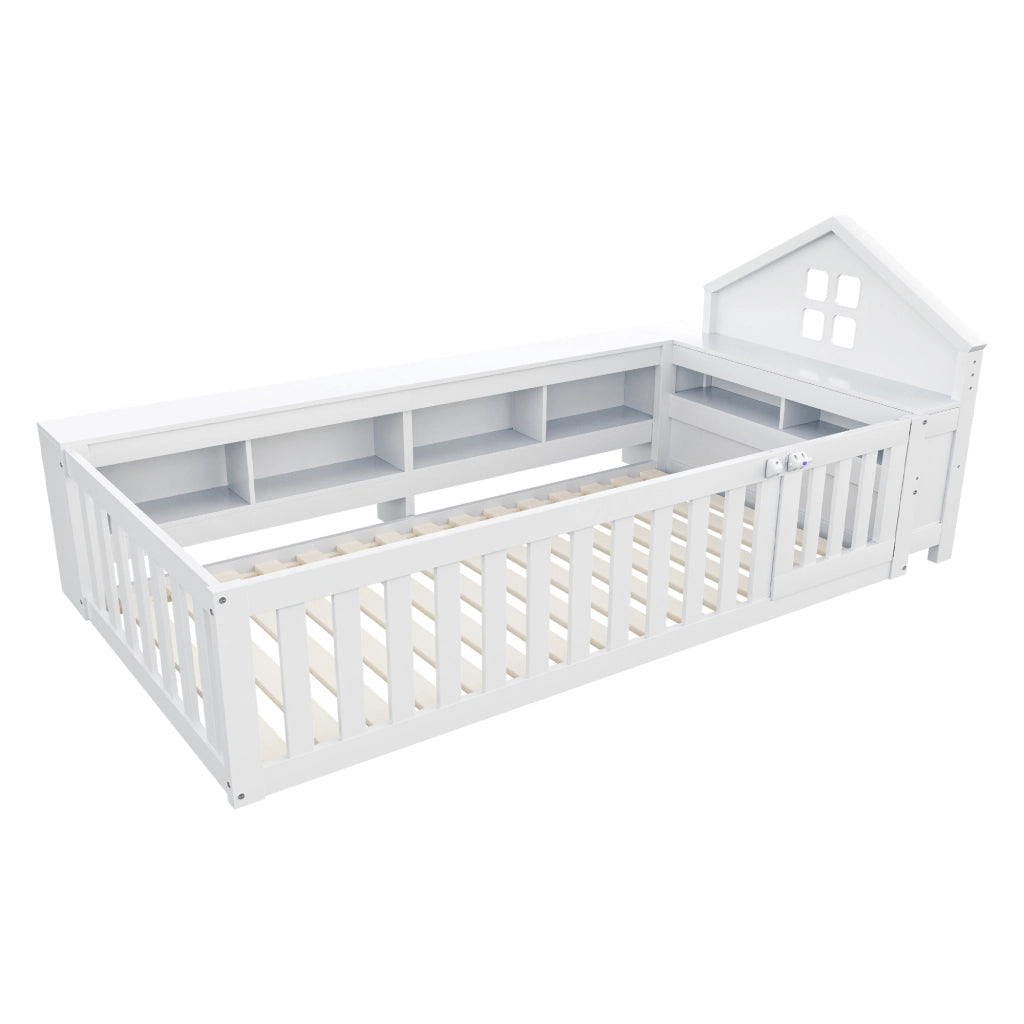 OKWISH Letto Bambino 90×200 cm, Letto Singolo con Contenitori, Spondine di Sicurezza e Porticina, senza Materasso, in Legno, Bianco