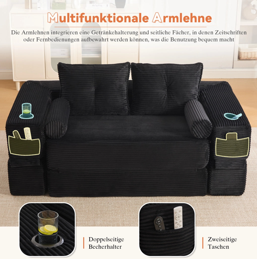 Divano letto modulare in velluto a coste nero 180x98 cm