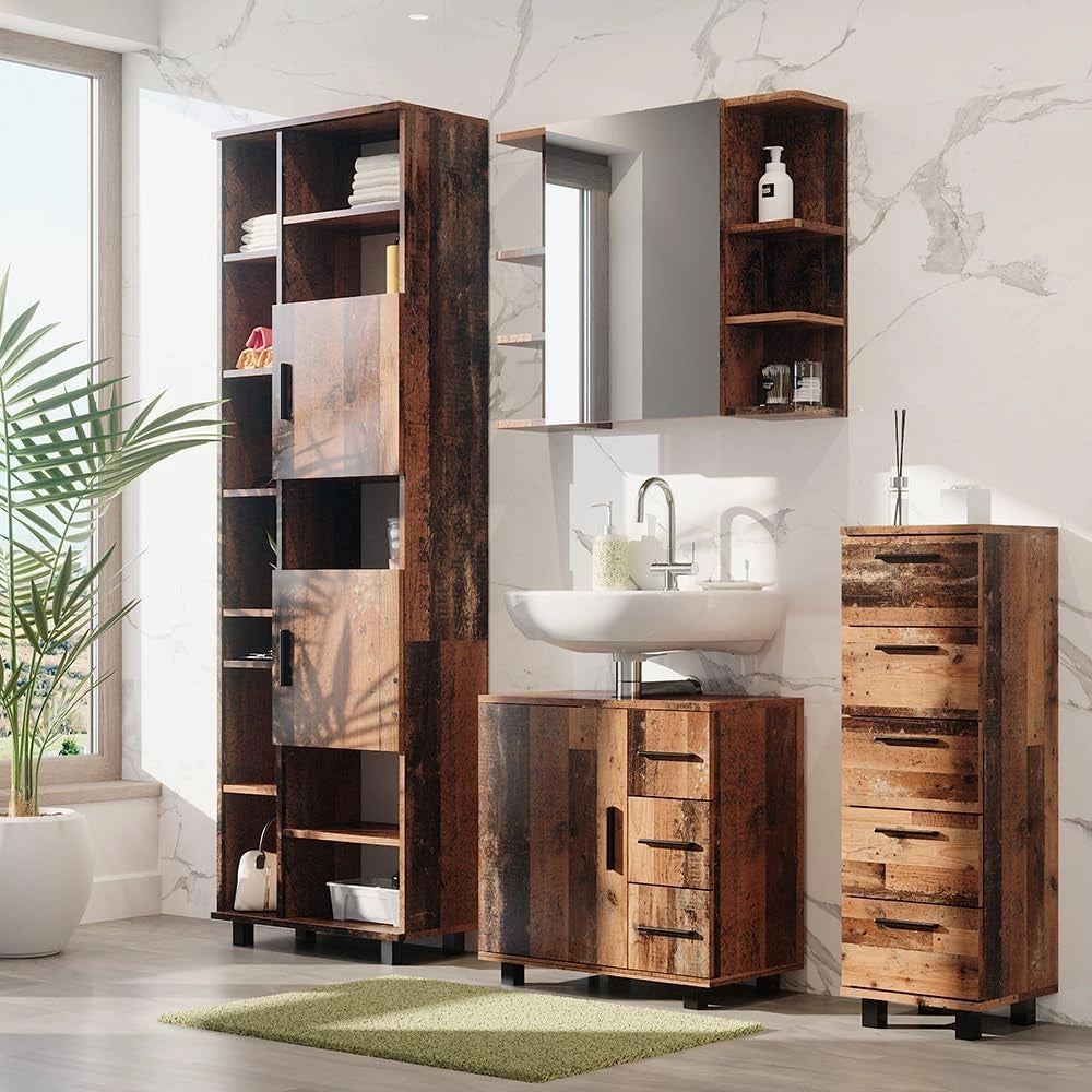 Set di mobili da bagno Ilias, Rovere rustico, 60 cm, composto da mobile lavabo, pensile a specchio, colonna e base media